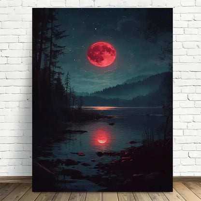 Beautiful Moonlit Forest Reflections Painting 40x60cm Metal Print Ready to Hang - Bella Home Decor