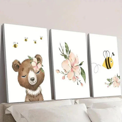 3pcs Cartoon Bee Flower And Bear Decoration  Wall Art Set Canvas Unframed - High Quality Print 100% Australian Made Wall Canvas - Bella Home Decor