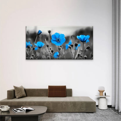 Vibrant Blue Poppy Field Wall Art Canvas Office Home Room Framed 120x60cm