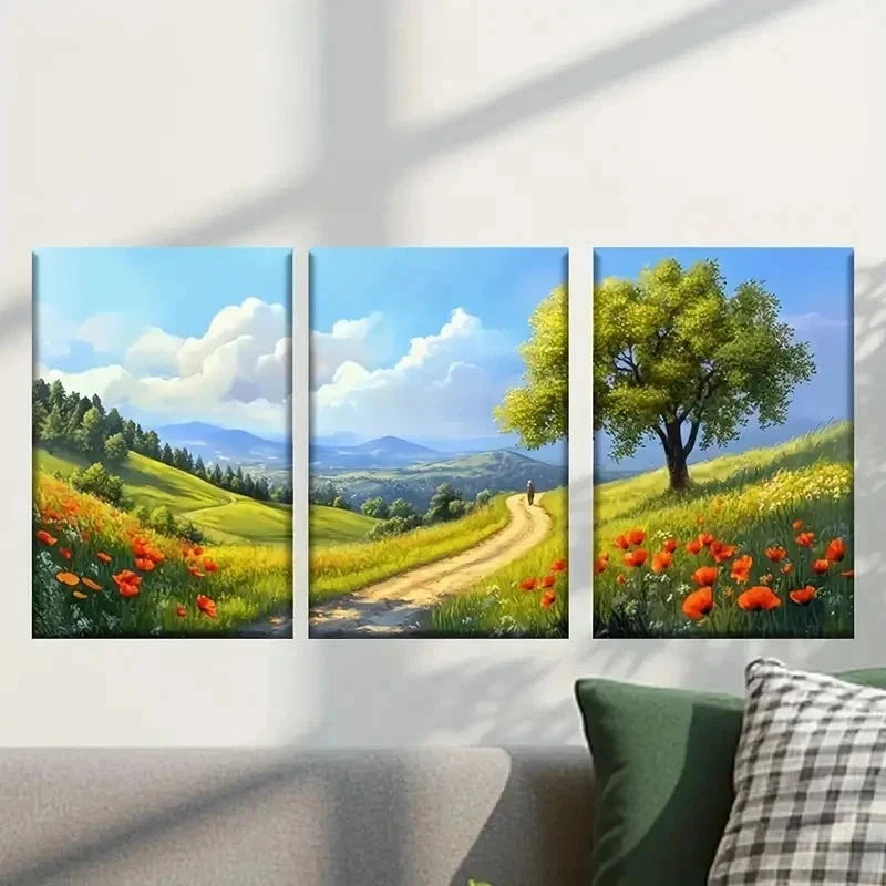 3pcs Landscape with Rolling Hills & Wildflowers Wall Art Set Canvas Framed 50x70cm - High Quality Print 100% Australian Made Wall Canvas Ready to Hang