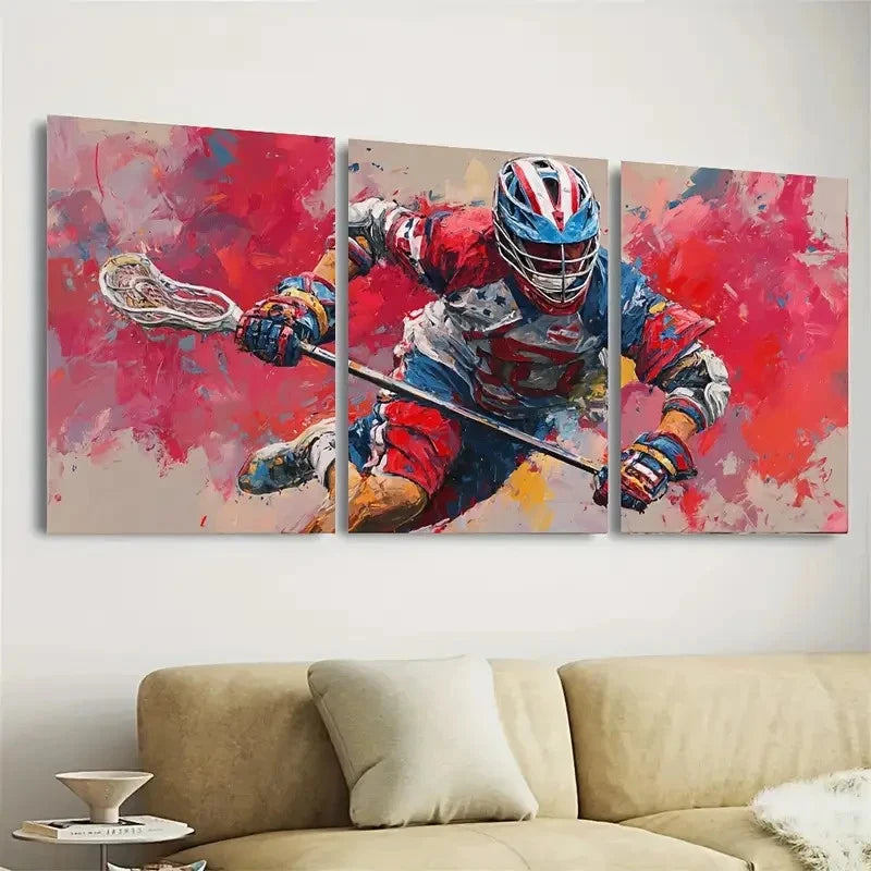 3pcs American Lacrosse Boy Man Sport Art Wall Art Set Canvas Framed 50x70cm - High Quality Print 100% Australian Made Wall Canvas Ready to Hang - Bella Home Decor