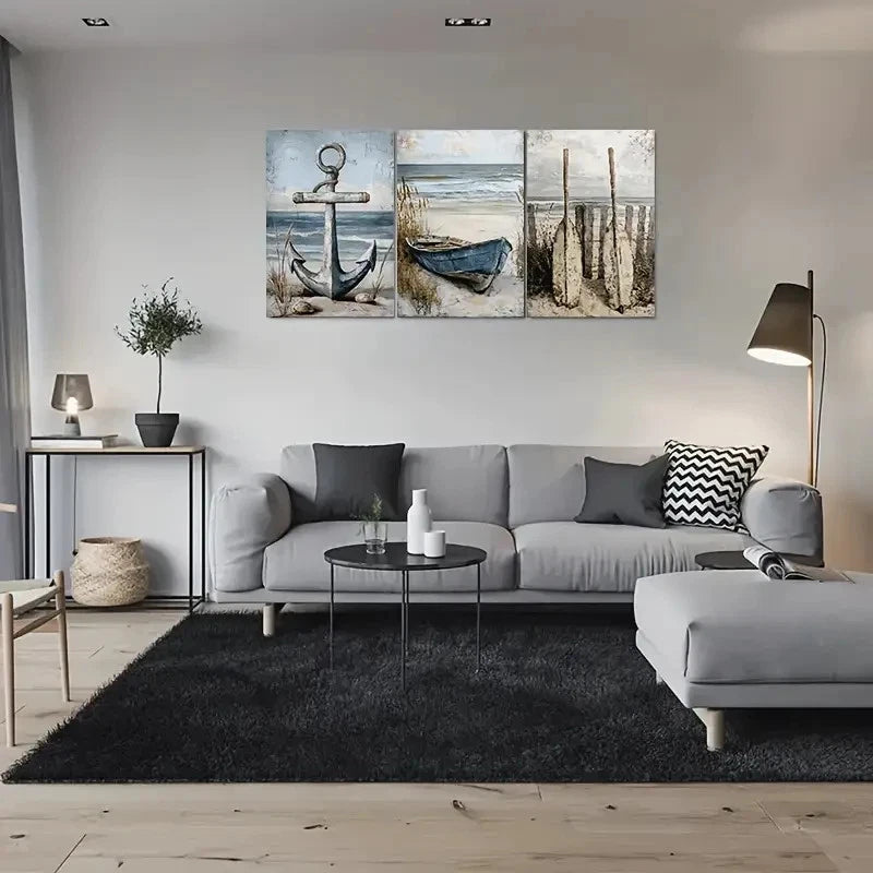 3pcs Beach Scene Nautical Anchor Boat and Oars Wall Art Set Canvas Framed 40x60cm - High Quality Print 100% Australian Made Wall Canvas Ready to Hang - Bella Home Decor