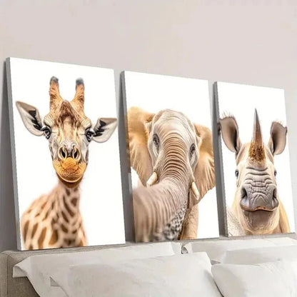 3pcs Curious Giraffe Elephant & Rhino Wall Art Canvas Unframed - High Quality Print 100% Australian Made Wall Canvas - Bella Home Decor