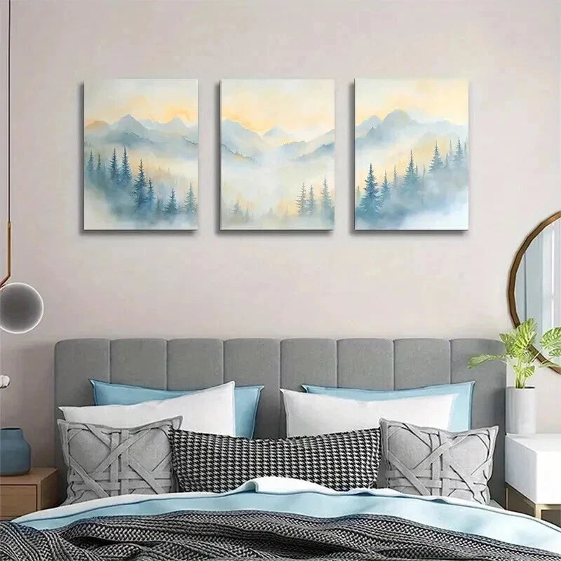 3pcs Misty Mountain Forest Sunrise Wall Art Set Canvas Framed 60x90cm - High Quality Print 100% Australian Made Wall Canvas Ready to Hang - Bella Home Decor