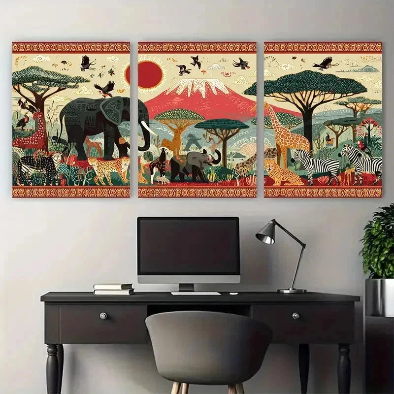 3pcs African Travel Tanzania Poster Perfect Wall Art Set Canvas Framed 50x70cm - High Quality Print 100% Australian Made Wall Canvas Ready to Hang - Bella Home Decor