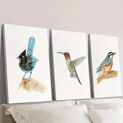 3pcs Blue & Black Bird Illustrations Wall Art Canvas Unframed - High Quality Print 100% Australian Made Wall Canvas - Bella Home Decor