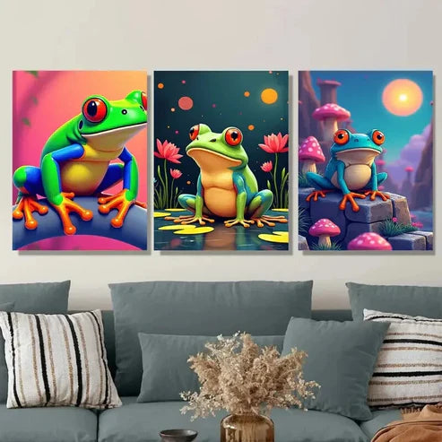3pcs Colorful Frog Vibrant And Fun Picture Wall Art Set Canvas Unframed - High Quality Print 100% Australian Made Wall Canvas - Bella Home Decor