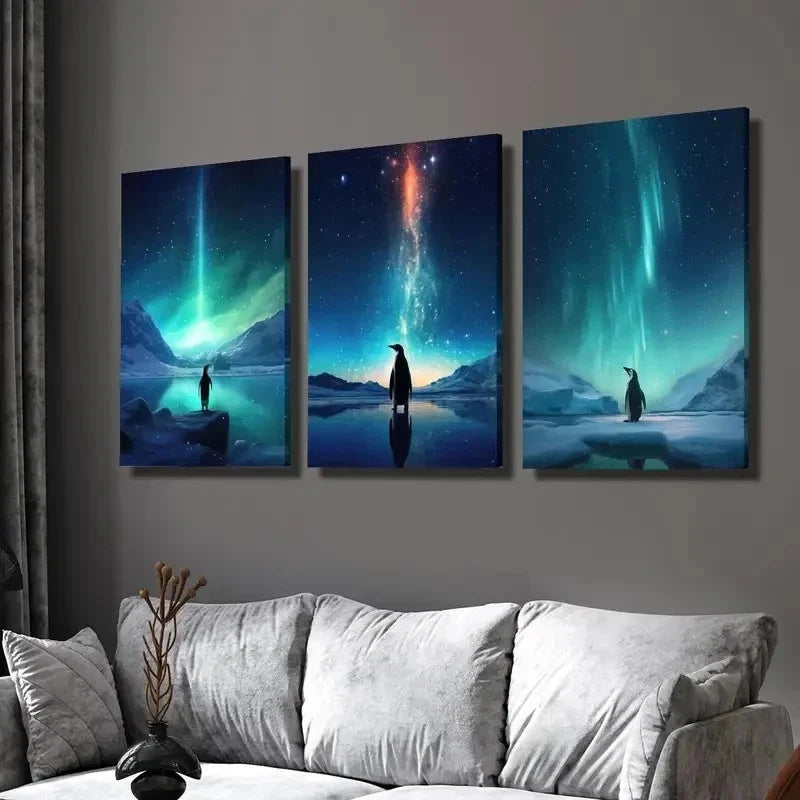 3pcs Penguins Aurora Borealis Northern Perfect Wall Art Set Canvas Framed 50x70cm - High Quality Print 100% Australian Made Wall Canvas Ready to Hang