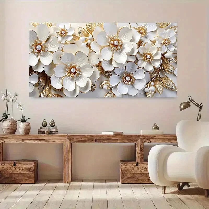 White and Golden Flowers wall canvas office home room framed 120x60cm - Bella Home Decor