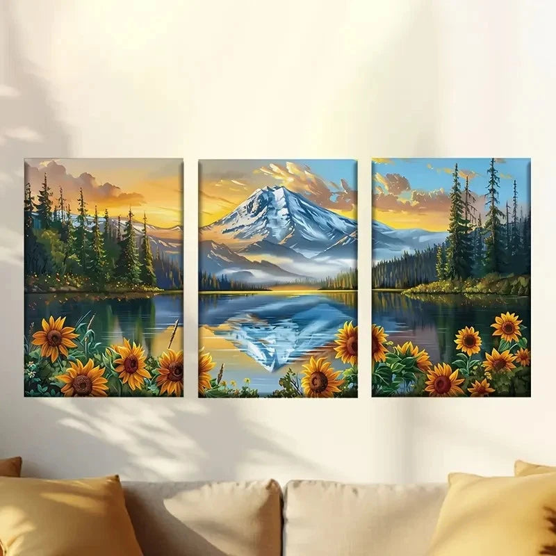 3pcs Sunflowers, lakes and snow-capped mountains Wall Art Set Canvas Framed 50x70cm - High Quality Print 100% Australian Made Wall Canvas Ready to Hang - Bella Home Decor
