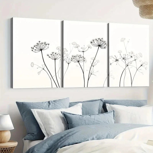 3pcs Queen Annes White Black Liner Florals Wall Art Set Canvas Framed 40x60cm - High Quality Print 100% Australian Made Wall Canvas Ready to Hang