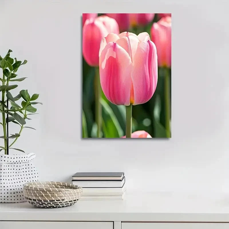 Beautiful Colorful Vibrant Pink Tulip Painting 40x60cm Metal Print Ready to Hang - Bella Home Decor