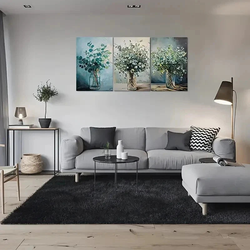 3pcs Eucalyptus Vase Modern Abstract Metal Print Ready to Hang Art