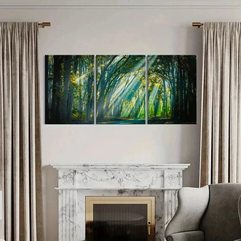 3pcs Forest Trees Sunshine Tyndall Effect Wall Art Canvas Unframed - High Quality Print 100% Australian Made Wall Canvas
