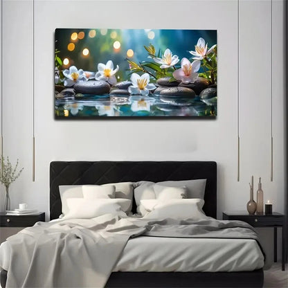 White Flowers On Black Stone Ab Wall Art Canvas Office Home Room Framed 120x60cm
