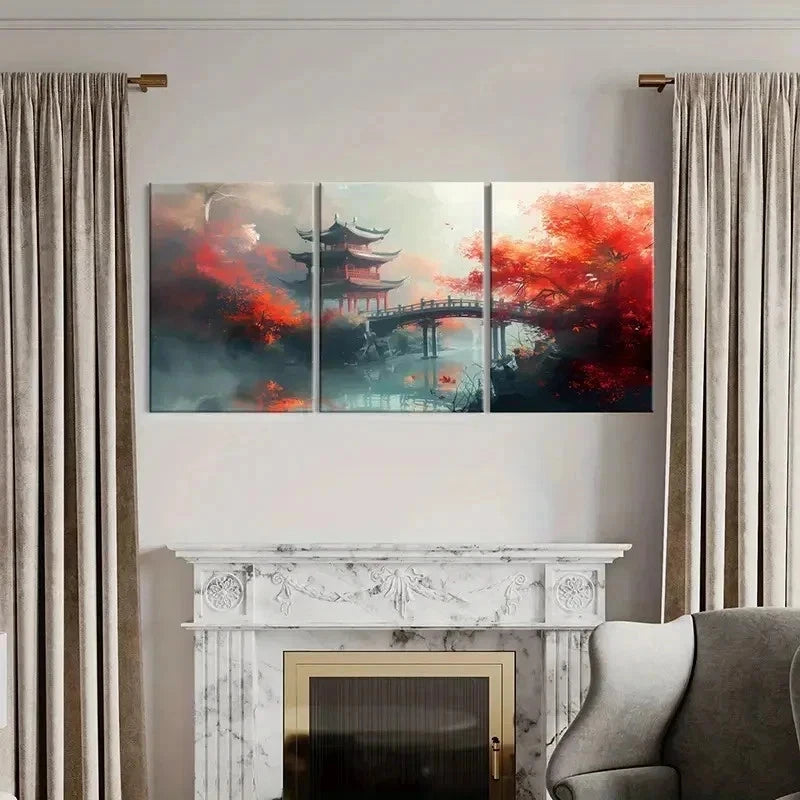 3pcs Chinese Ancient Style Painting Tower Bridge Wall Art Set Canvas Framed 50x70cm - High Quality Print 100% Australian Made Wall Canvas Ready to Hang - Bella Home Decor
