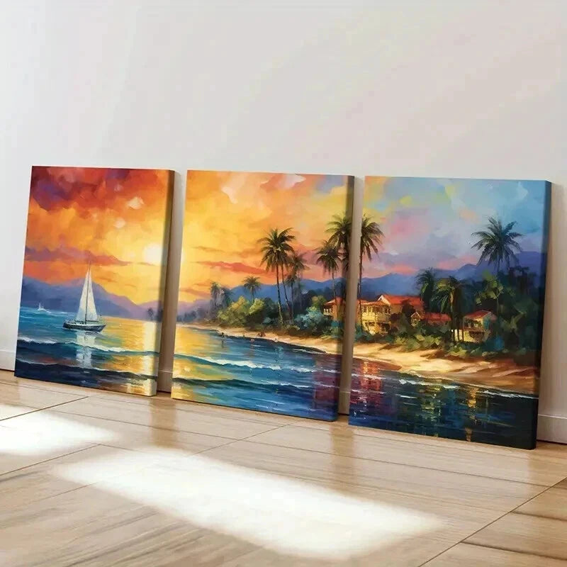 3pcs Sunset Sailboat Palm Trees & Beach Wall Art Set Canvas Framed 50x70cm - High Quality Print 100% Australian Made Wall Canvas Ready to Hang - Bella Home Decor