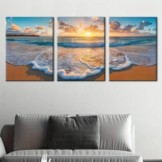 3pcs Beach Waves And Sunrise Seascapes Perfect Wall Art Set Canvas Framed 60x90cm - High Quality Print 100% Australian Made Wall Canvas Ready to Hang