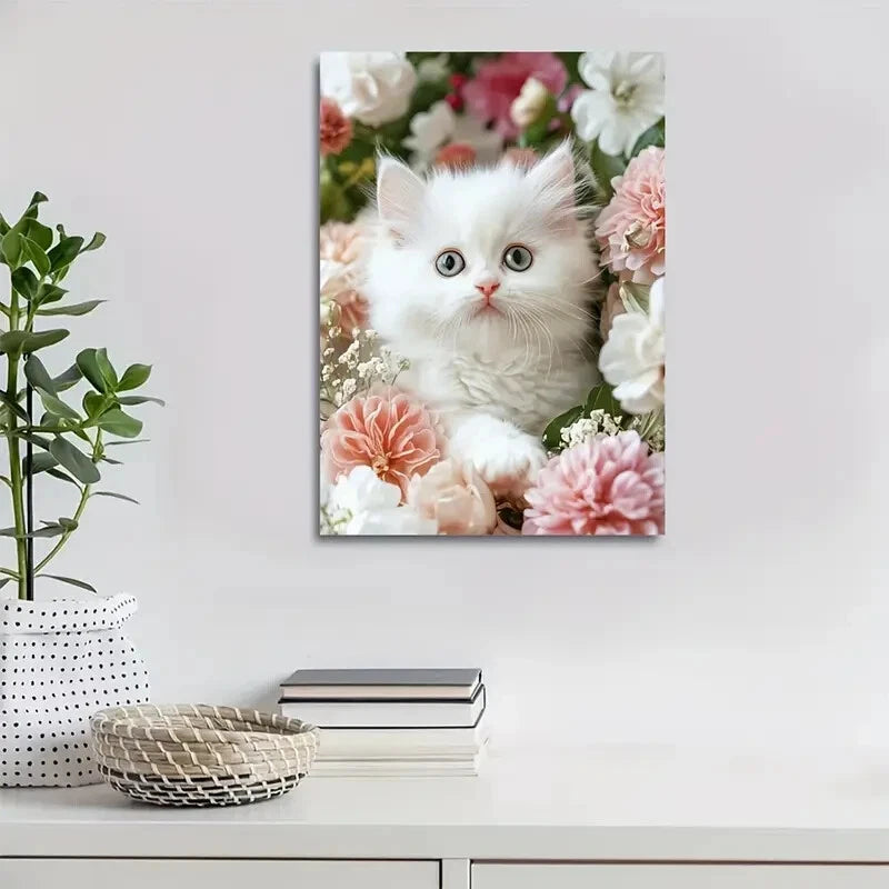 Cute Persian Kitten with Flowers & Plants Painting 40x60cm Metal Print Ready to Hang - Bella Home Decor