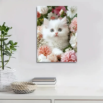 Cute Persian Kitten with Flowers & Plants Painting 40x60cm Metal Print Ready to Hang - Bella Home Decor