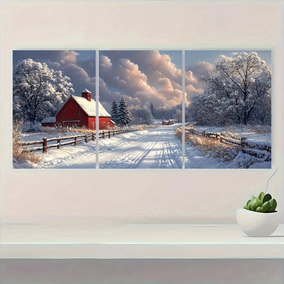 3pcs Winter Scene with Red Barn & Snowy Metal Print Ready to Hang Art - Bella Home Decor