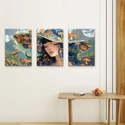 3pcs Cute Fantasy Girl with Floral Hat Wall Art Set Canvas Framed 40x60cm - High Quality Print 100% Australian Made Wall Canvas Ready to Hang