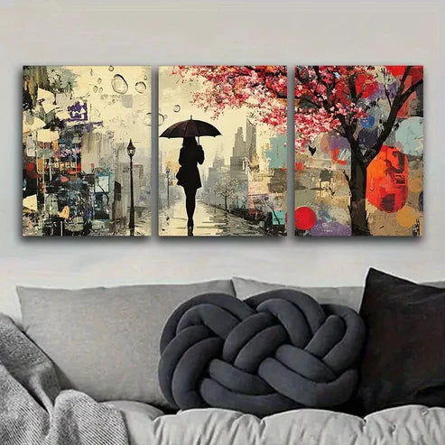 3 PCS A Woman Walks With An Umbrella Wall Art Set Canvas Unframed - High Quality Print 100% Australian Made Wall Canvas - Bella Home Decor