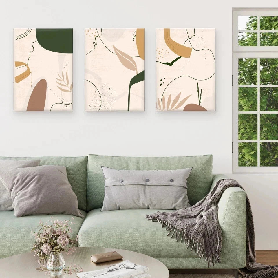 3pcs Neutral Abstract Botanical Shapes Wall Art Set Canvas Framed 40x60cm - High Quality Print 100% Australian Made Wall Canvas Ready to Hang