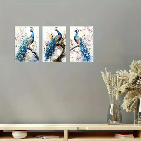 3pcs Blue and Golden Peacock Wall Art Set Canvas Unframed - High Quality Print 100% Australian Made Wall Canvas - Bella Home Decor