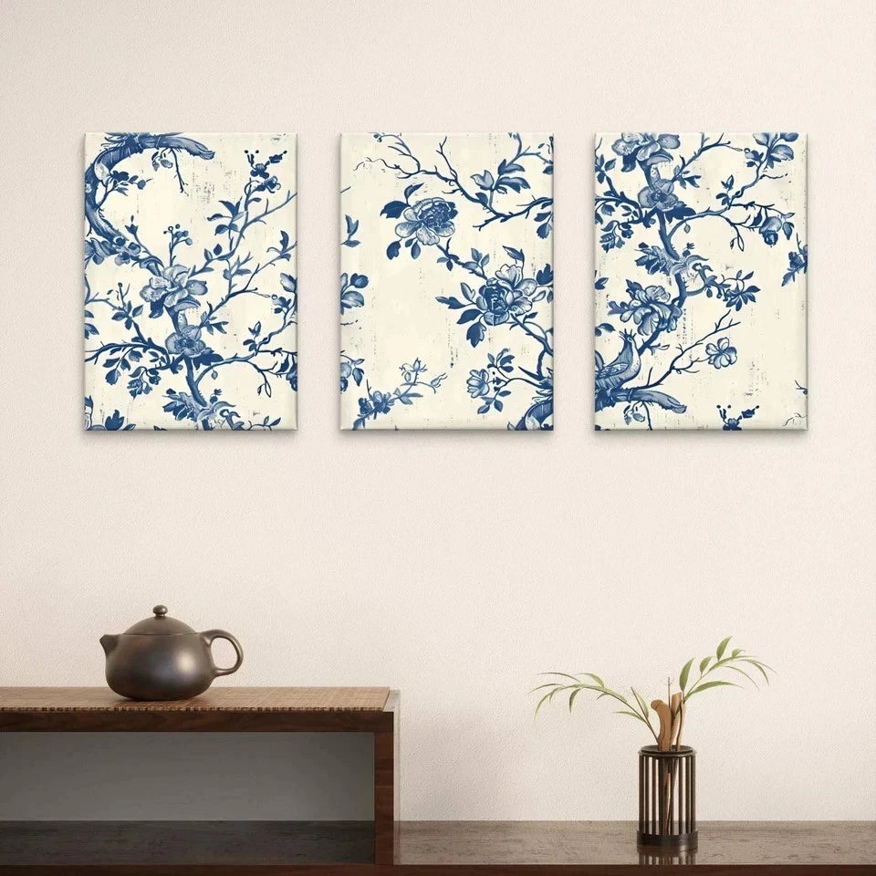 3pcs Blue and White Vintage Floral Style Wall Art Set Canvas Framed 50x70cm - High Quality Print 100% Australian Made Wall Canvas Ready to Hang