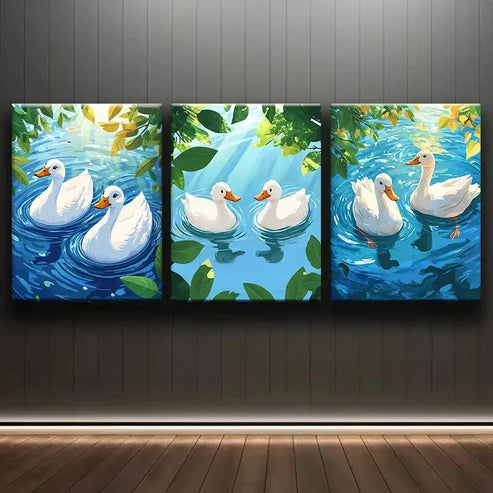 3pcs Swimming White Duck Nature Beauty Perfect Wall Art Set Canvas Unframed - High Quality Print 100% Australian Made Wall Canvas