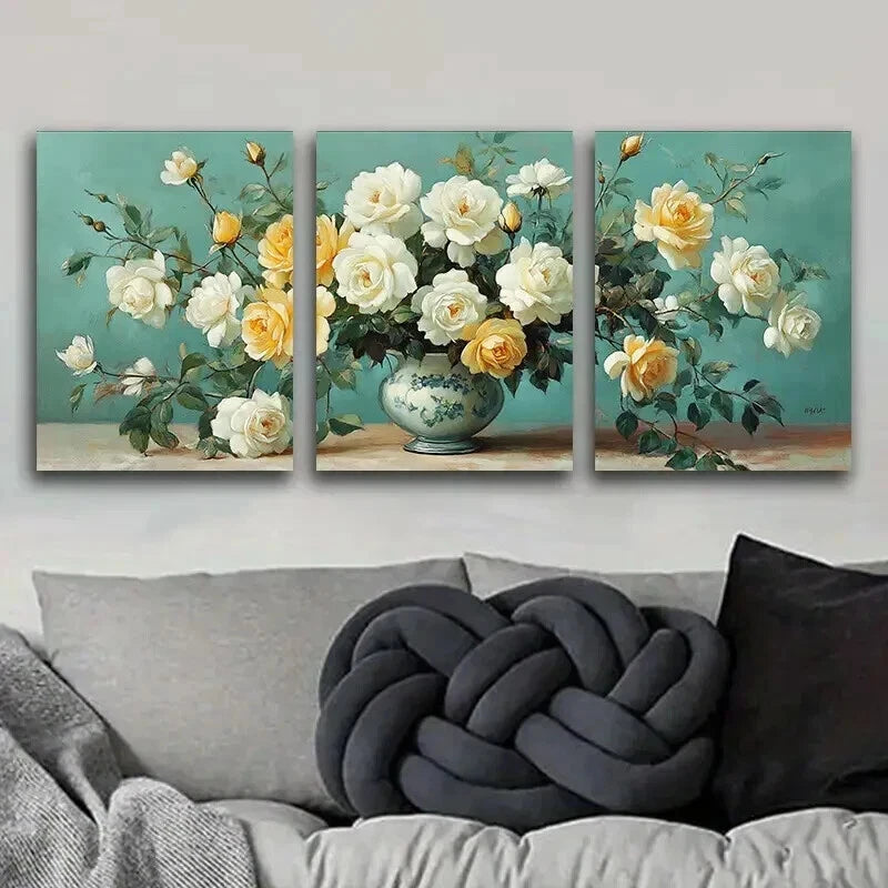3pcs White Roses in Vase Painting Floral Color Wall Art Set Canvas Framed 60x90cm - High Quality Print 100% Australian Made Wall Canvas Ready to Hang