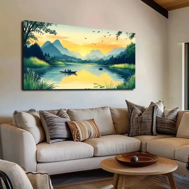 Serene Sunset Lake Scene Wall Art canvas office home room framed 120x60cm