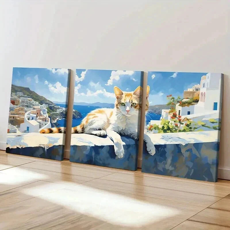 3pcs Abstract Cat & Aegean Sea of Greece Scene  Wall Art Set Canvas Framed 50x70cm - High Quality Print 100% Australian Made Wall Canvas Ready to Hang - Bella Home Decor