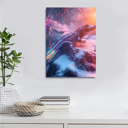 Beautiful Vibrant Cyberpunk Crocodile Painting 40x60cm Metal Print Ready to Hang - Bella Home Decor
