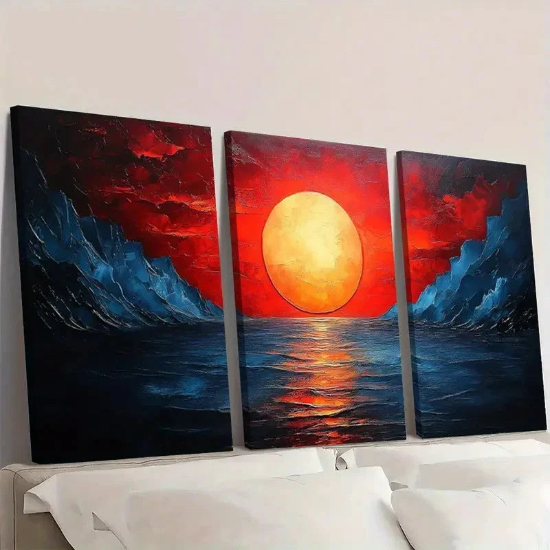 3pcs Seaside Sunset Vibrant Red & Orange Sky Wall Art Set Canvas Framed 60x90cm - High Quality Print 100% Australian Made Wall Canvas Ready to Hang