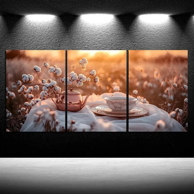 3pcs Teapots and Cups in The Fields Metal Print Ready to Hang Art - Bella Home Decor