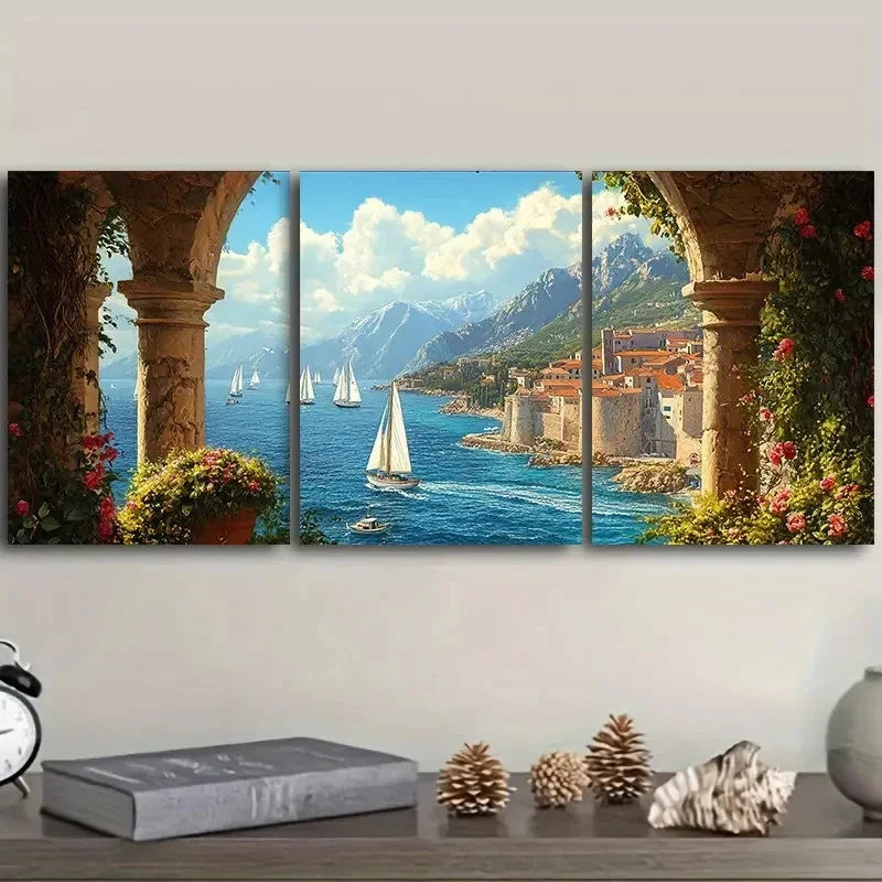 3pcs Mediterranean Coastal View From The Arches  Wall Art Set Canvas Framed 50x70cm - High Quality Print 100% Australian Made Wall Canvas Ready to Hang