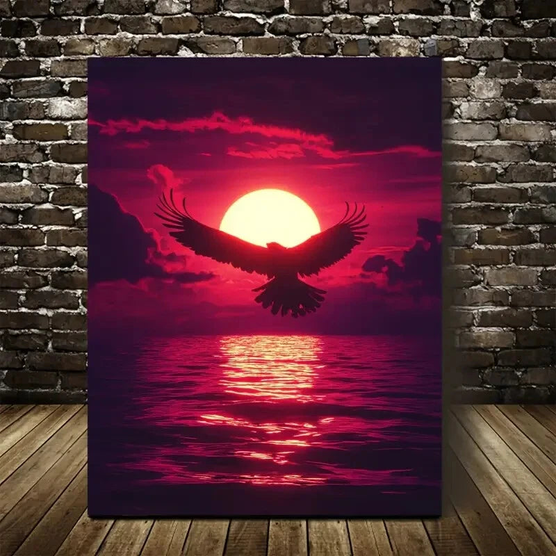 Eagle Soaring Under Glowing Sunset Sky Painting 40x60cm Metal Print Ready to Hang - Bella Home Decor