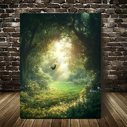 Whimsical Rabbit Swinging in Lush Meadow Painting 40x60cm Metal Print Ready to Hang - Bella Home Decor