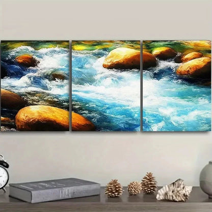 3pcs River Water Flows Over Ancient Stones Wall Art Set Canvas Framed 50x70cm - High Quality Print 100% Australian Made Wall Canvas Ready to Hang