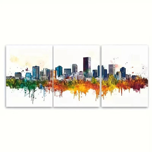 3pcs Denver Watercolour Skyline Wall Art Set Canvas Framed 50x70cm - High Quality Print 100% Australian Made Wall Canvas Ready to Hang