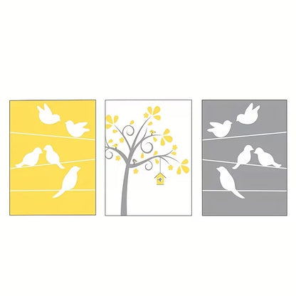 3pcs Bird and Tree Modern Yellow Grey Nursery  Wall Art Set Canvas Framed 50x70cm - High Quality Print 100% Australian Made Wall Canvas Ready to Hang - Bella Home Decor