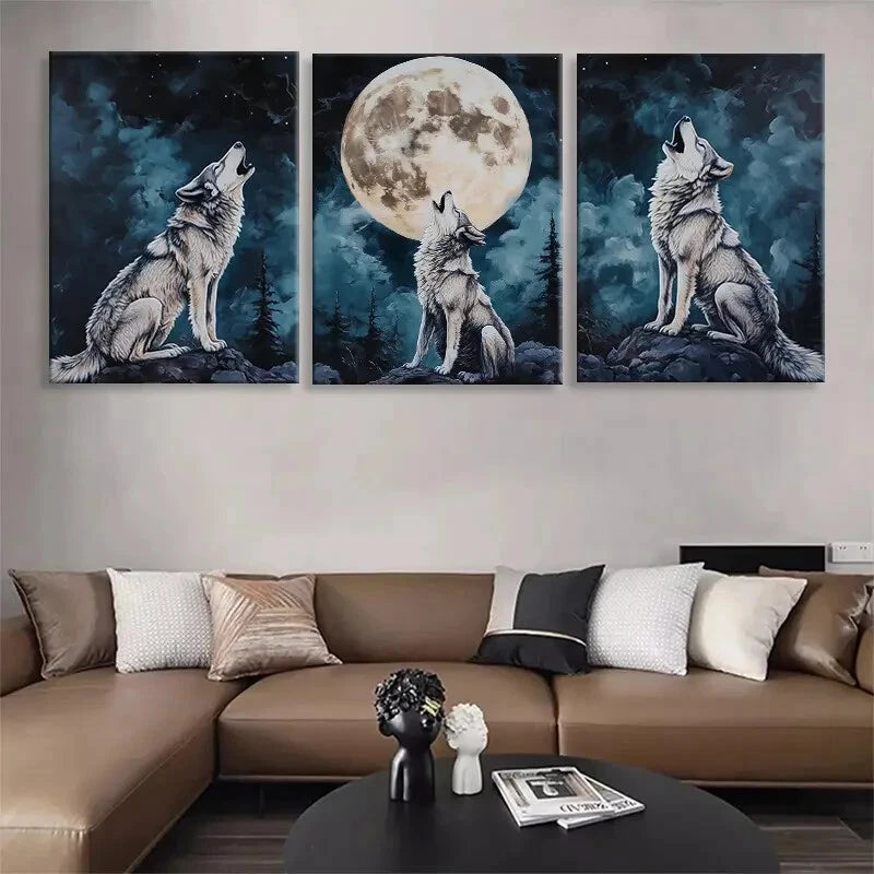 3pcs Wolf Howling at the Moon Mystical Perfect Wall Art Set Canvas Framed 60x90cm - High Quality Print 100% Australian Made Wall Canvas Ready to Hang