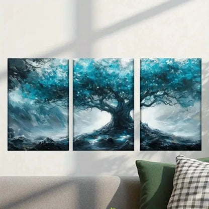 3pcs Tree with Glowing Blue Leaves Wall Art Set Canvas Framed 50x70cm - High Quality Print 100% Australian Made Wall Canvas Ready to Hang