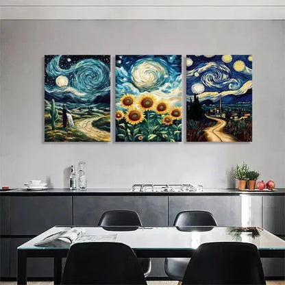 3pcs Starry Night Sunflower Swirl Sky  Art Set Canvas Unframed - High Quality Print 100% Australian Made Wall Canvas