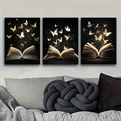 3 PCS Enchanted Book Wrapped Pine Wood Frame Wall Art Set Canvas Unframed - High Quality Print 100% Australian Made Wall Canvas - Bella Home Decor