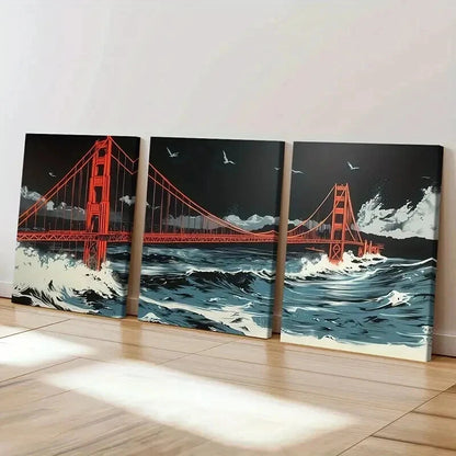 3pcs Golden Gate Bridge Stormy Sea Night Sky Wall Art Set Canvas Framed 40x60cm - High Quality Print 100% Australian Made Wall Canvas Ready to Hang