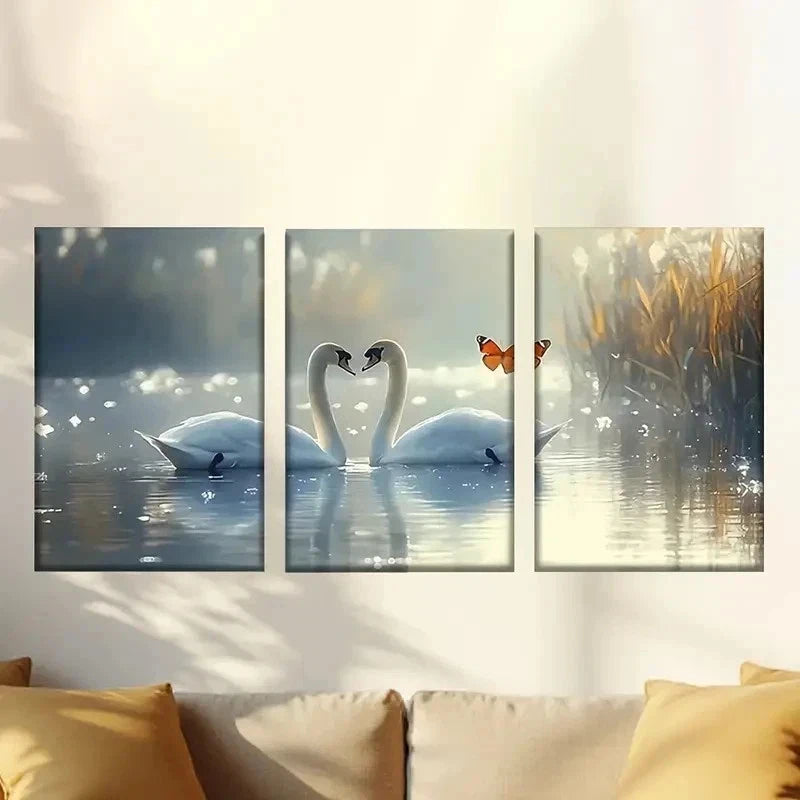 3pcs two swans in the water with a butterfly Wall Art Set Canvas Framed 40x60cm - High Quality Print 100% Australian Made Wall Canvas Ready to Hang