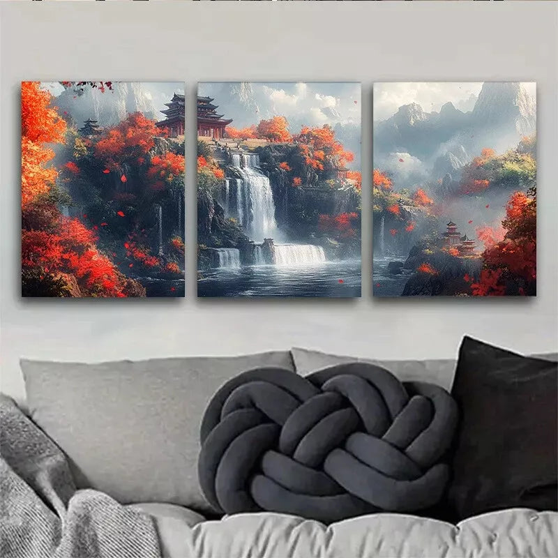 3pcs Autumn Waterfall Chinese Landscape Wall Art Set Canvas Framed 50x70cm - High Quality Print 100% Australian Made Wall Canvas Ready to Hang